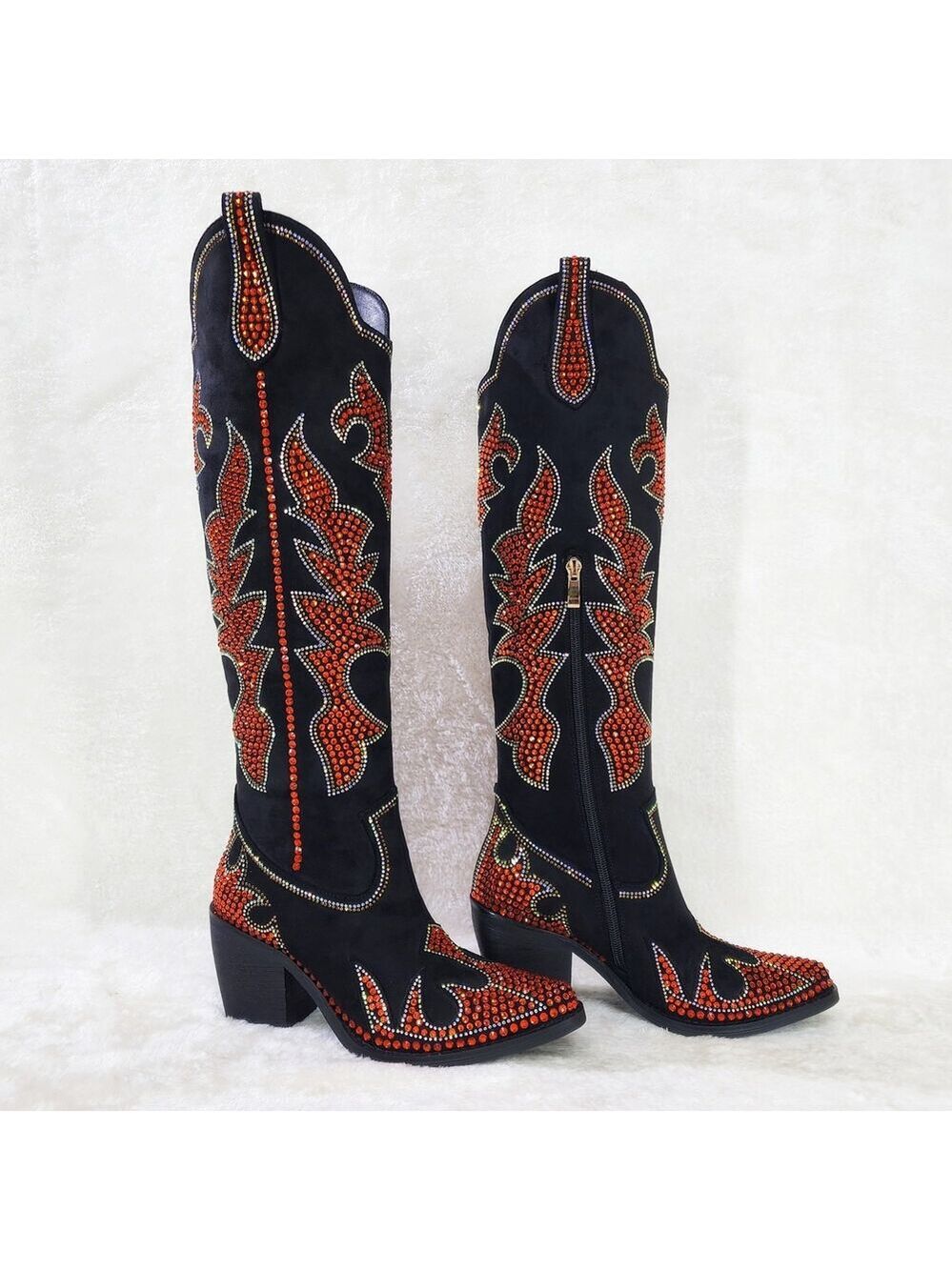 NIB Harley Girl Country Western Cowgirl Knee Boots Rhinestones Black Orange - Picture 16 of 16